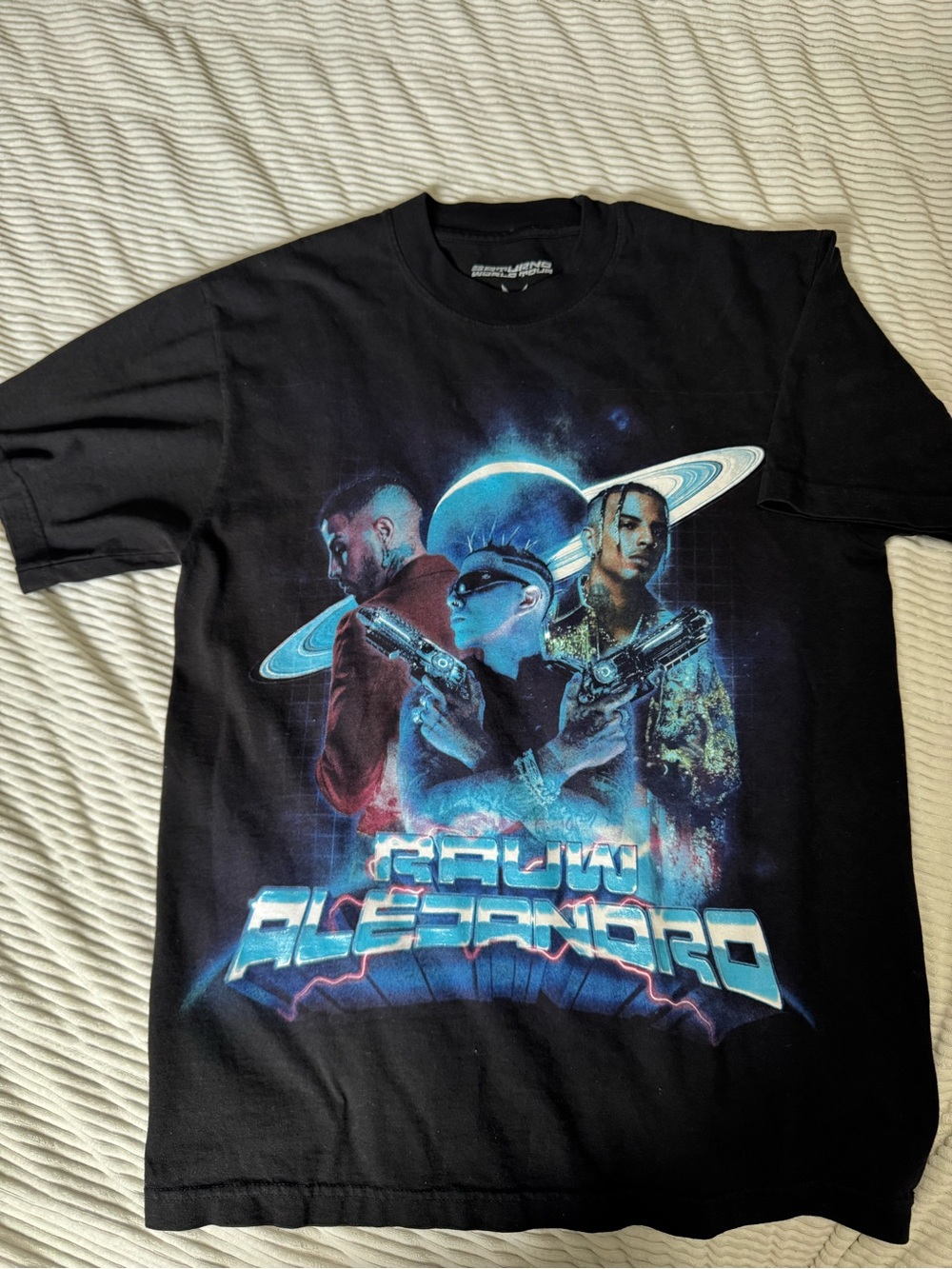 Saturno Tour MerchandiseBlack Graphic Tee with Blue and Turquoise Space Portrait
